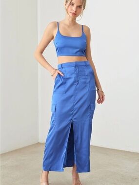 Lelis Blue Satin Crop Top and Maxi Skirt Set